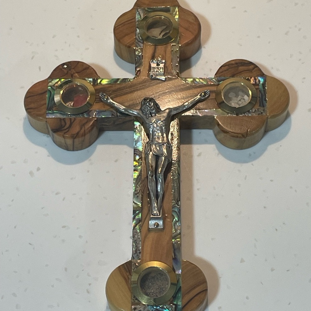 Olive Wood Wall Crucifix w Mother of Pearl Inlay & Flowers Stones Incense & Soil
